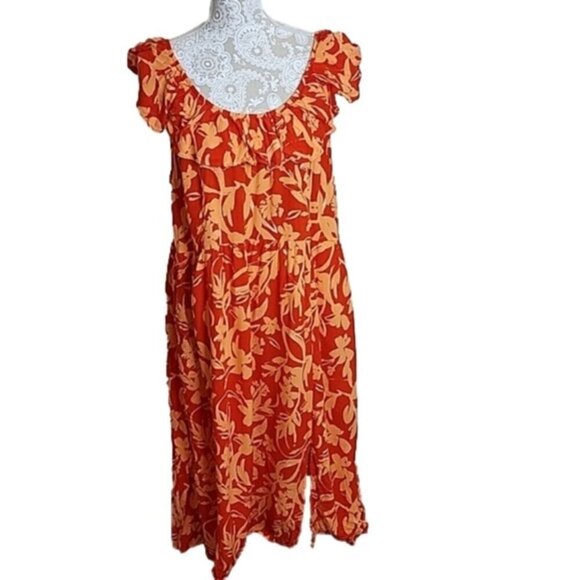 Ava & Viv Dress Tank Pockets Flowy Ruffles Midi Orange Tropical Women's 2X - Picture 1 of 5